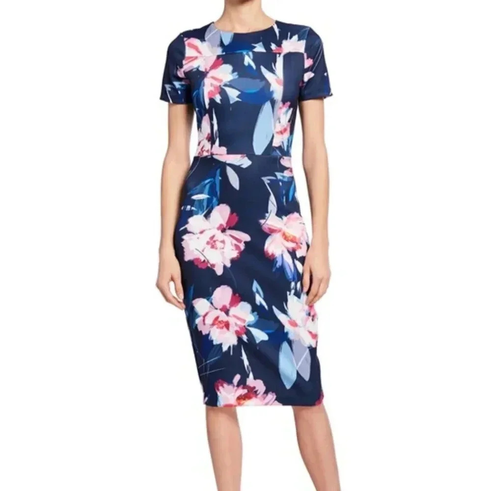 Alexia Admor Dress Short Sleeve A Line Scuba Floral Print Navy Blue Size XL